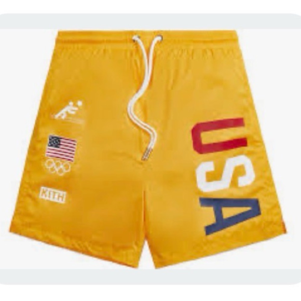 Kith mens Team USA Ring Swim Shorts in the Midsummer‎ orange color. Size small